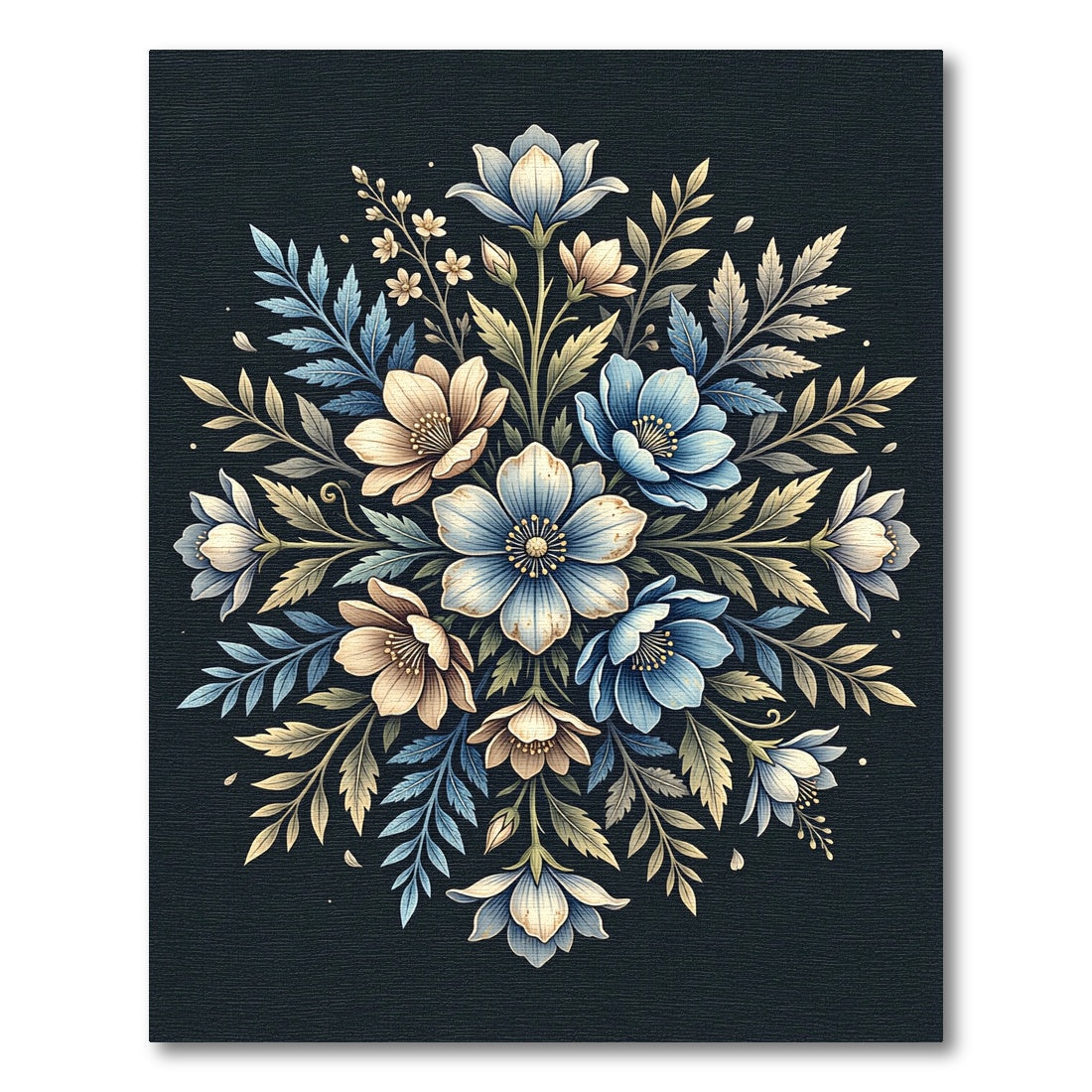 Blue and Cream Botanical Floral Medallion Rug