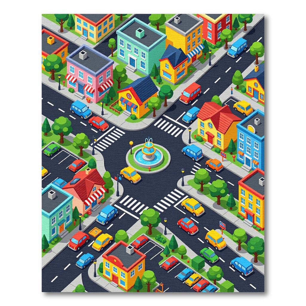 Vibrant Isometric Neighborhood Townscape Illustration Rug
