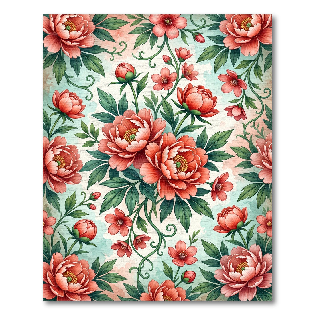 Coral Peony Floral Watercolor Illustration Rug