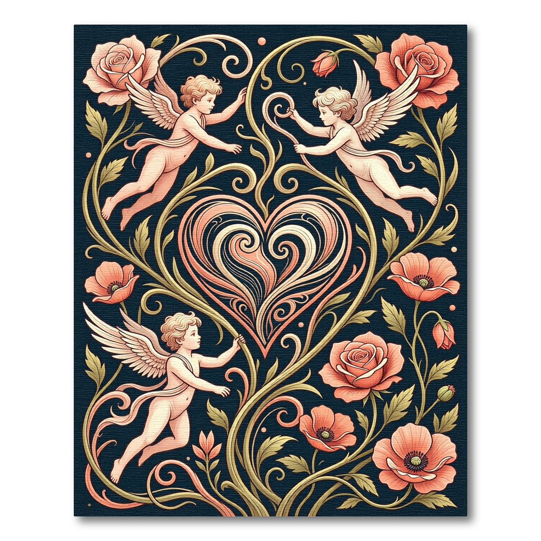 Coral Cherub Floral Heart Swirls Rug