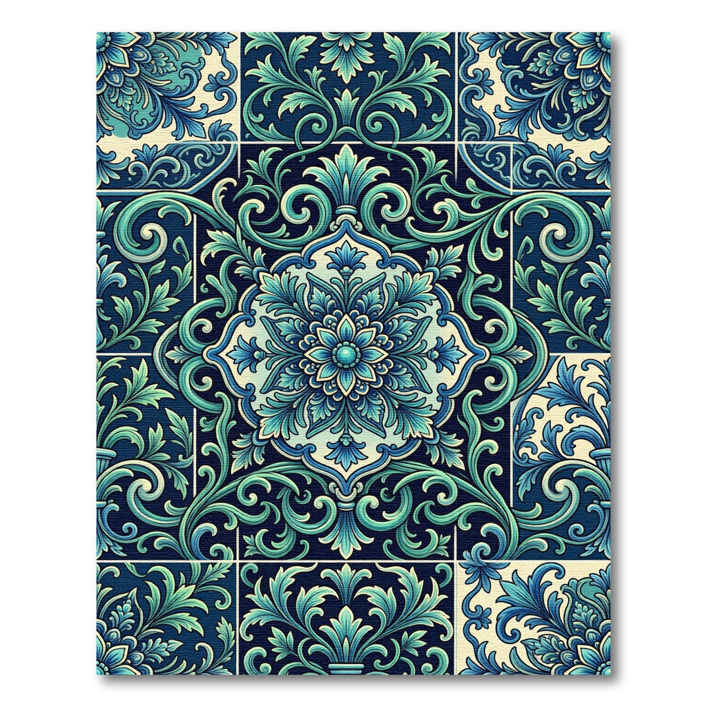 Deep Teal Floral Medallion Tile Rug