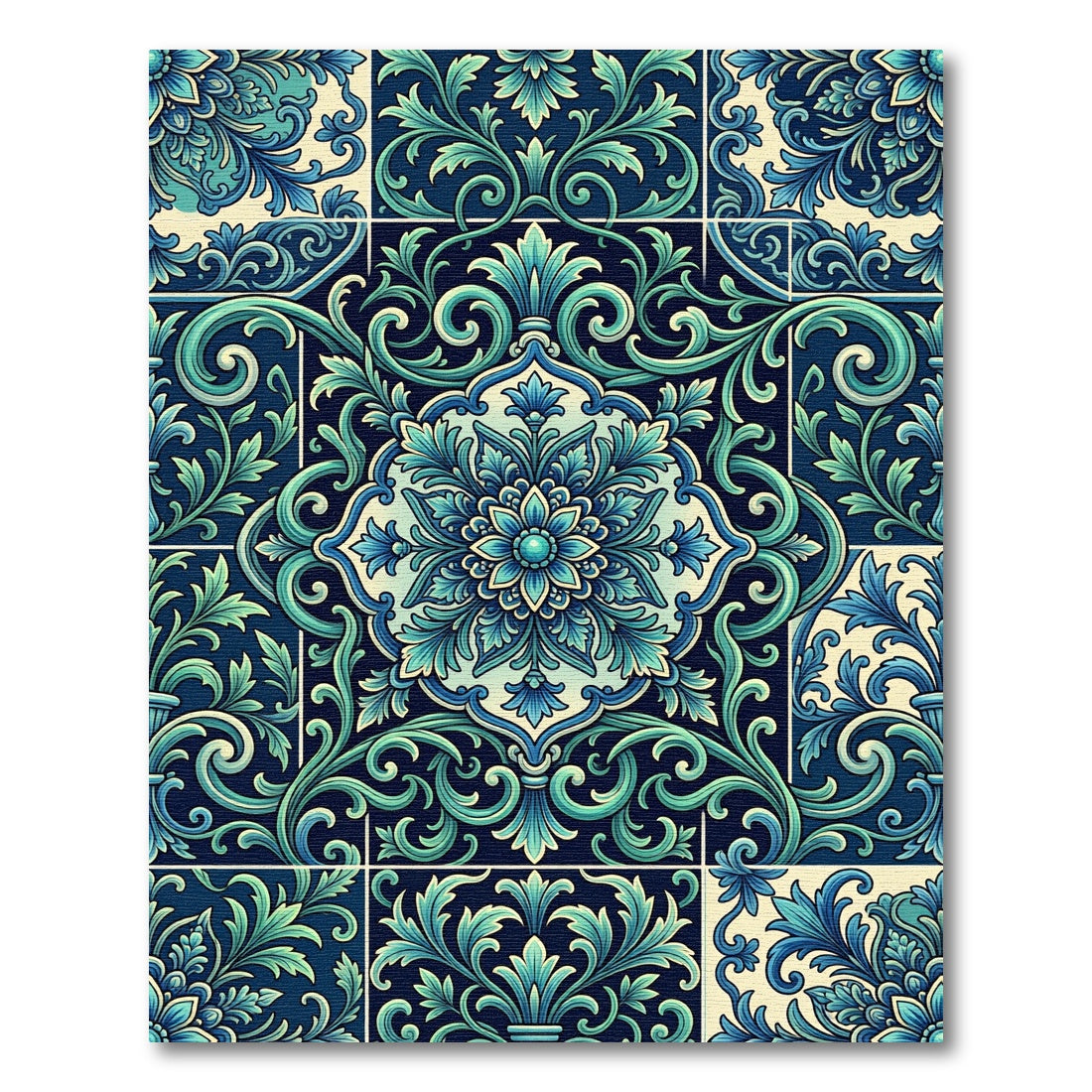 Deep Teal Floral Medallion Tile Rug