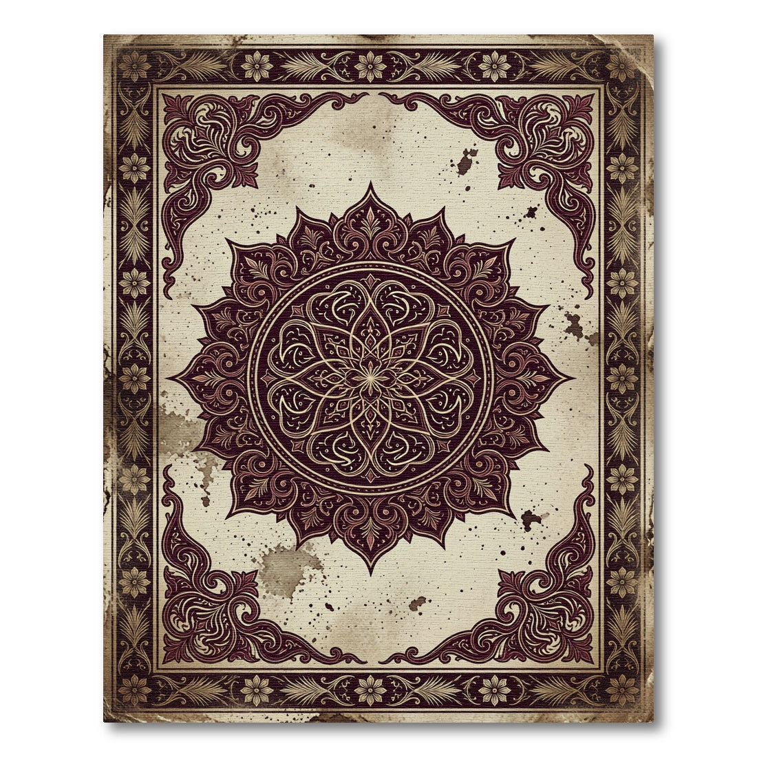Antique Burgundy Ornate Floral Medallion Rug