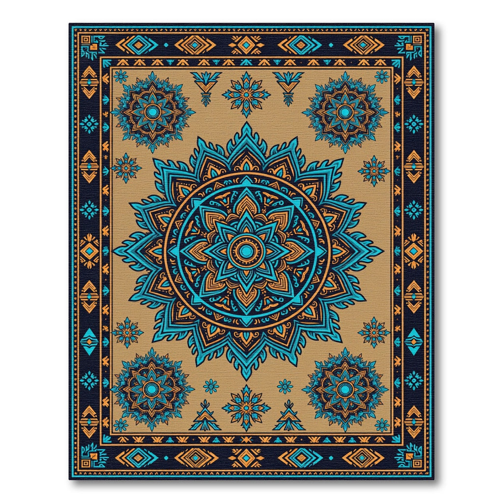 Ornate Blue and Gold Mandala Tapestry Rug