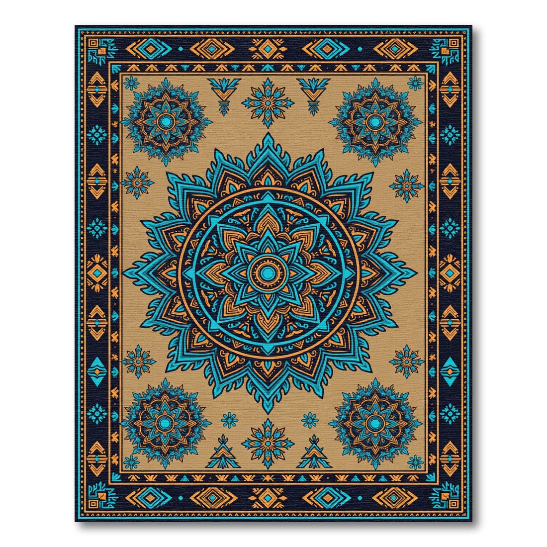 Ornate Blue and Gold Mandala Tapestry Rug