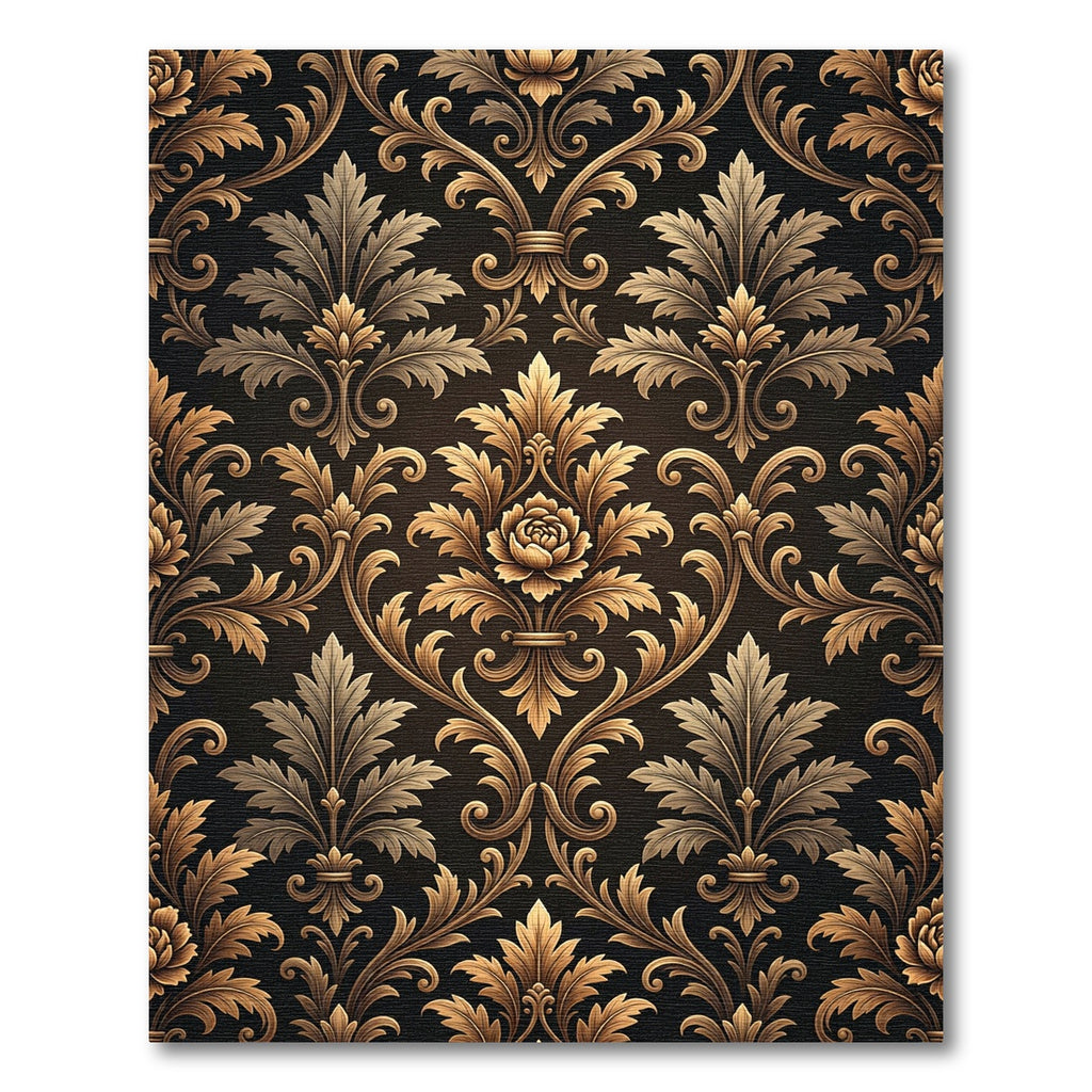 Elegant Gold Damask Black Floral Swirl Rug