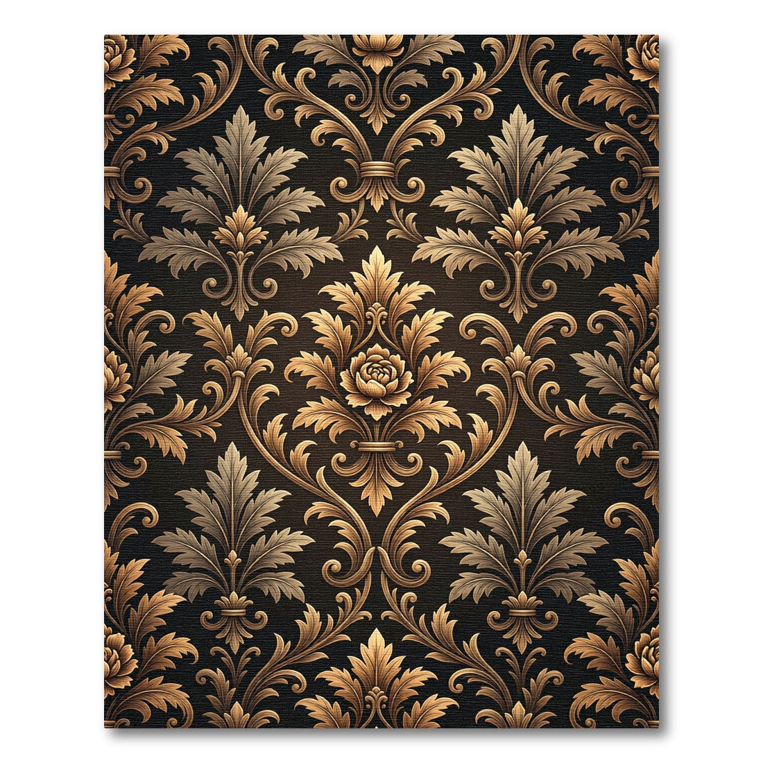 Elegant Gold Damask Black Floral Swirl Rug