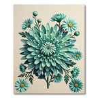 Sophisticated Teal Chrysanthemum Botanical Illustration Rug