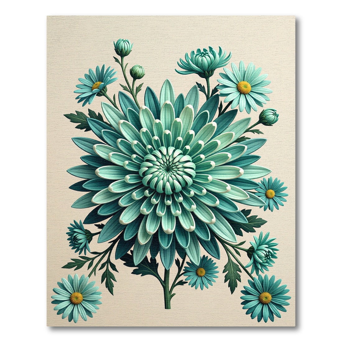 Sophisticated Teal Chrysanthemum Botanical Illustration Rug