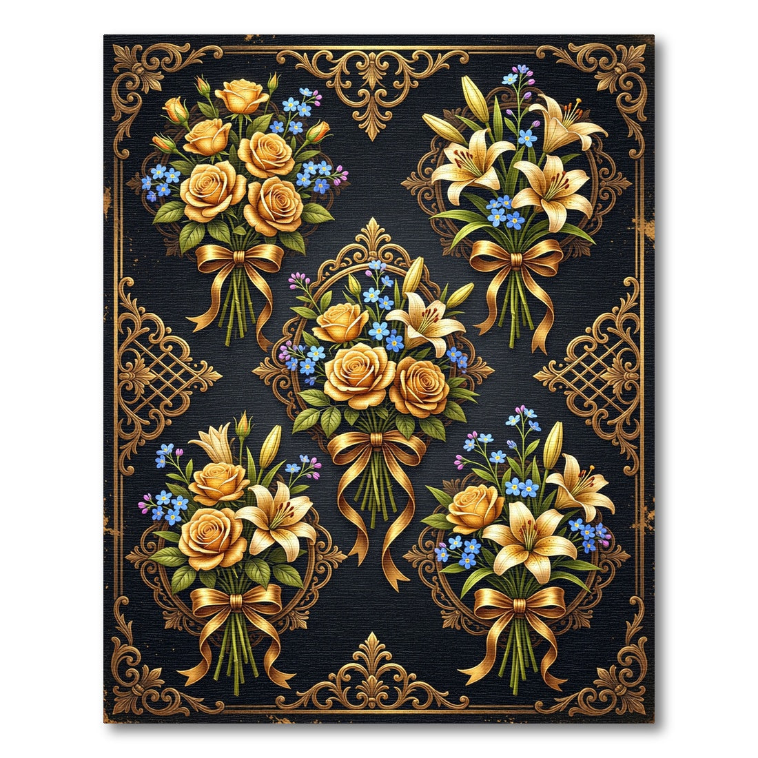 Ornate Golden Rose Lily Floral Bouquet Rug