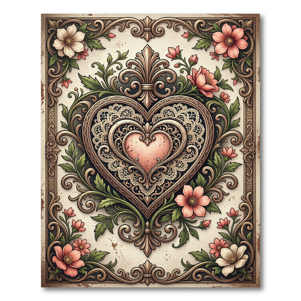 Ornate Pink Heart Floral Scroll Rug