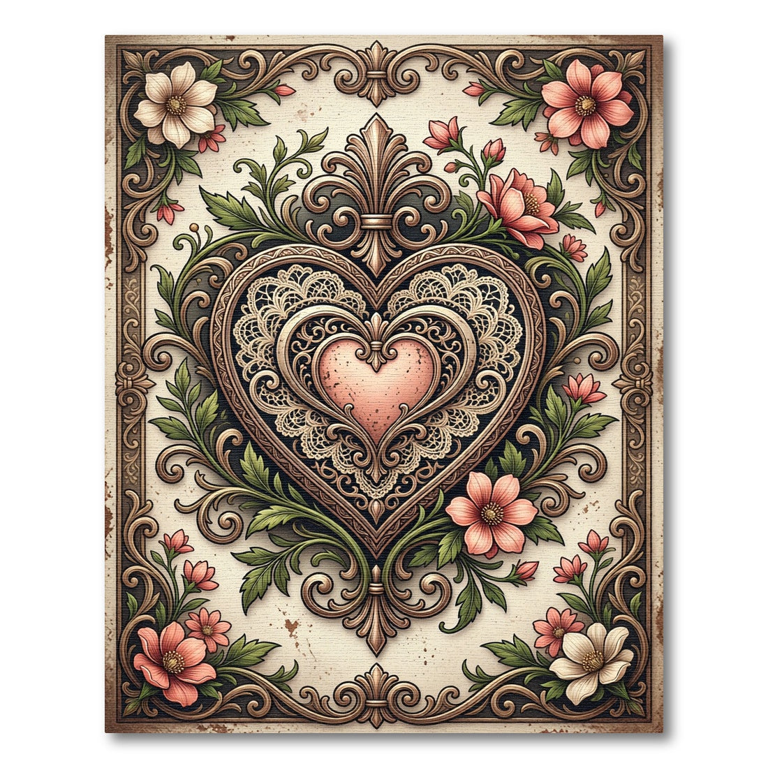 Ornate Pink Heart Floral Scroll Rug