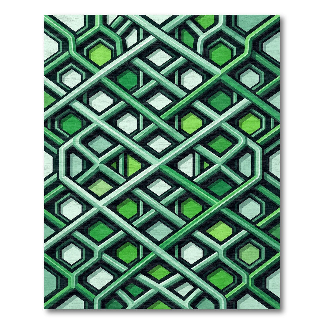 Abstract Green Interlocking Hexagon Rhombus Rug