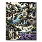 French Village Lavender Field Scene Rug