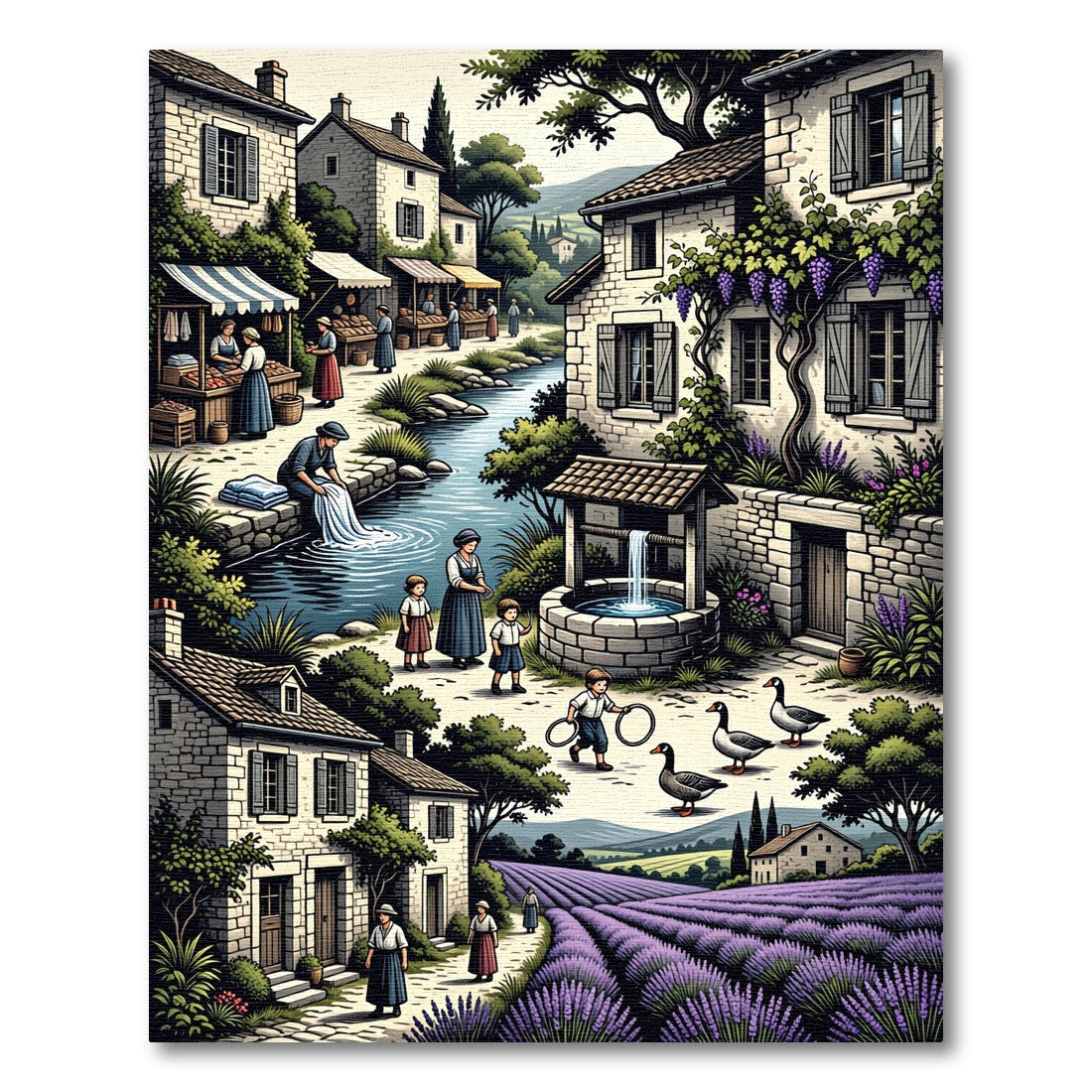 French Village Lavender Field Scene Rug