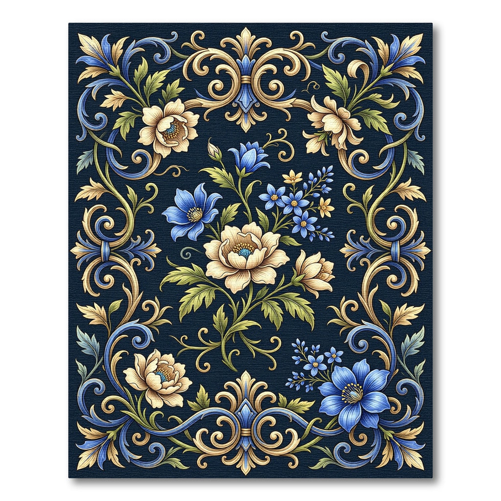Ornate Floral Swirls in Navy Gold Rug