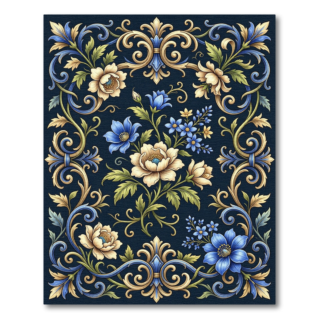 Ornate Floral Swirls in Navy Gold Rug