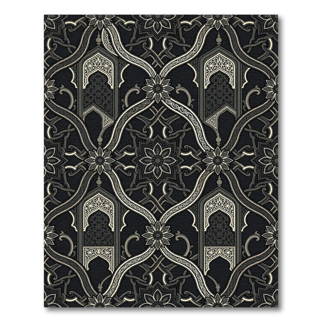 Ornate Black White Geometric Arch Rug