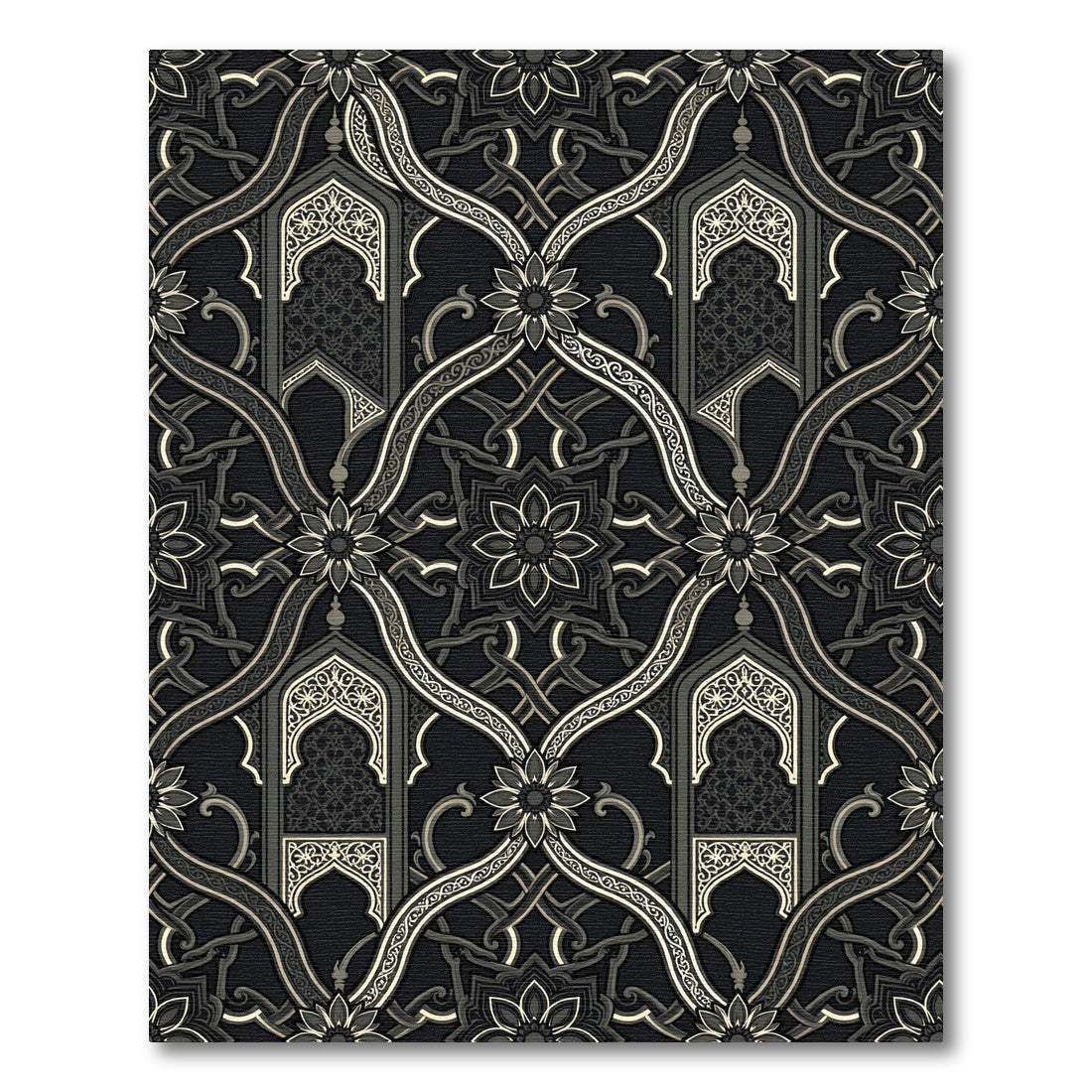 Ornate Black White Geometric Arch Rug