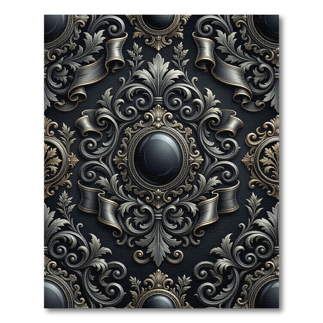 Ornate Black and Gold Palmette Ribbons Rug