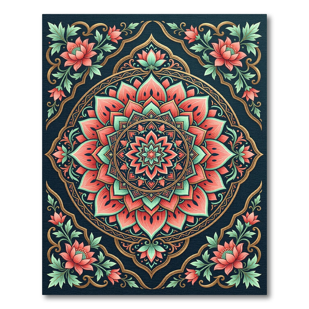 Coral Teal Medallion Floral Art Rug