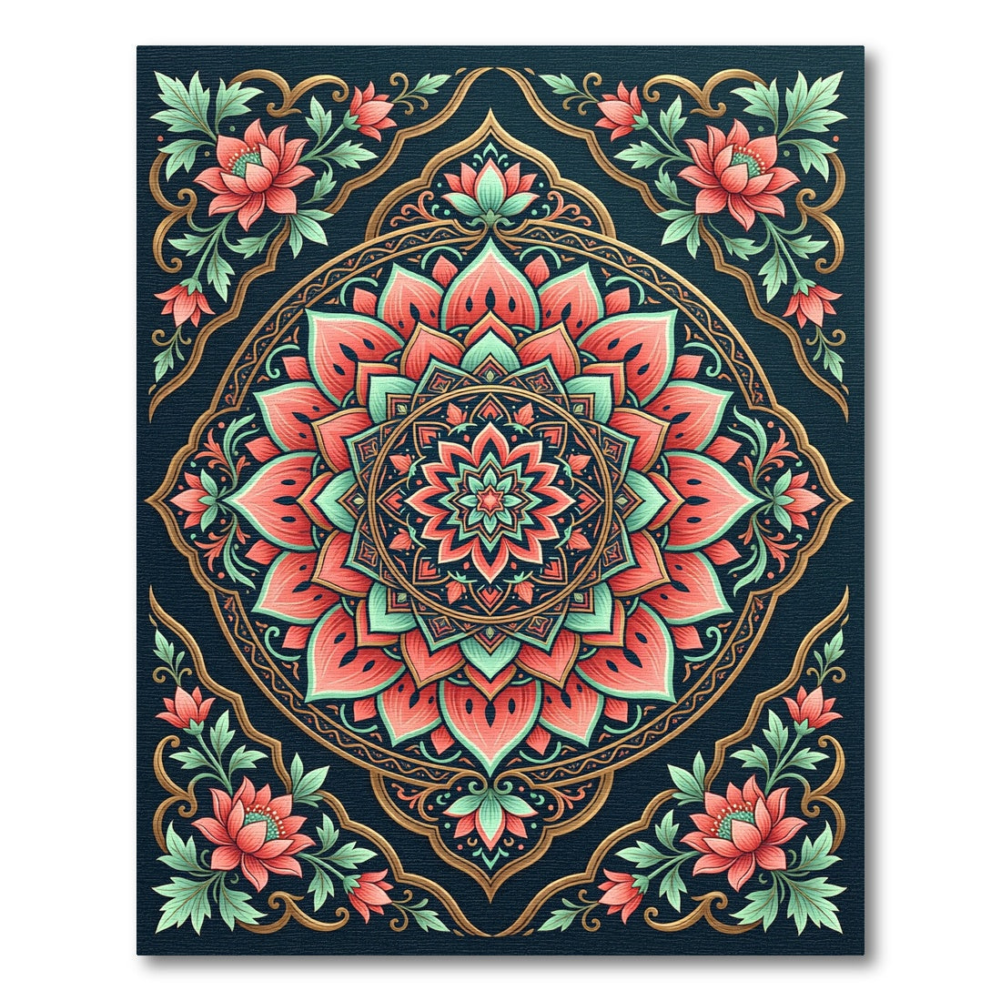Coral Teal Medallion Floral Art Rug