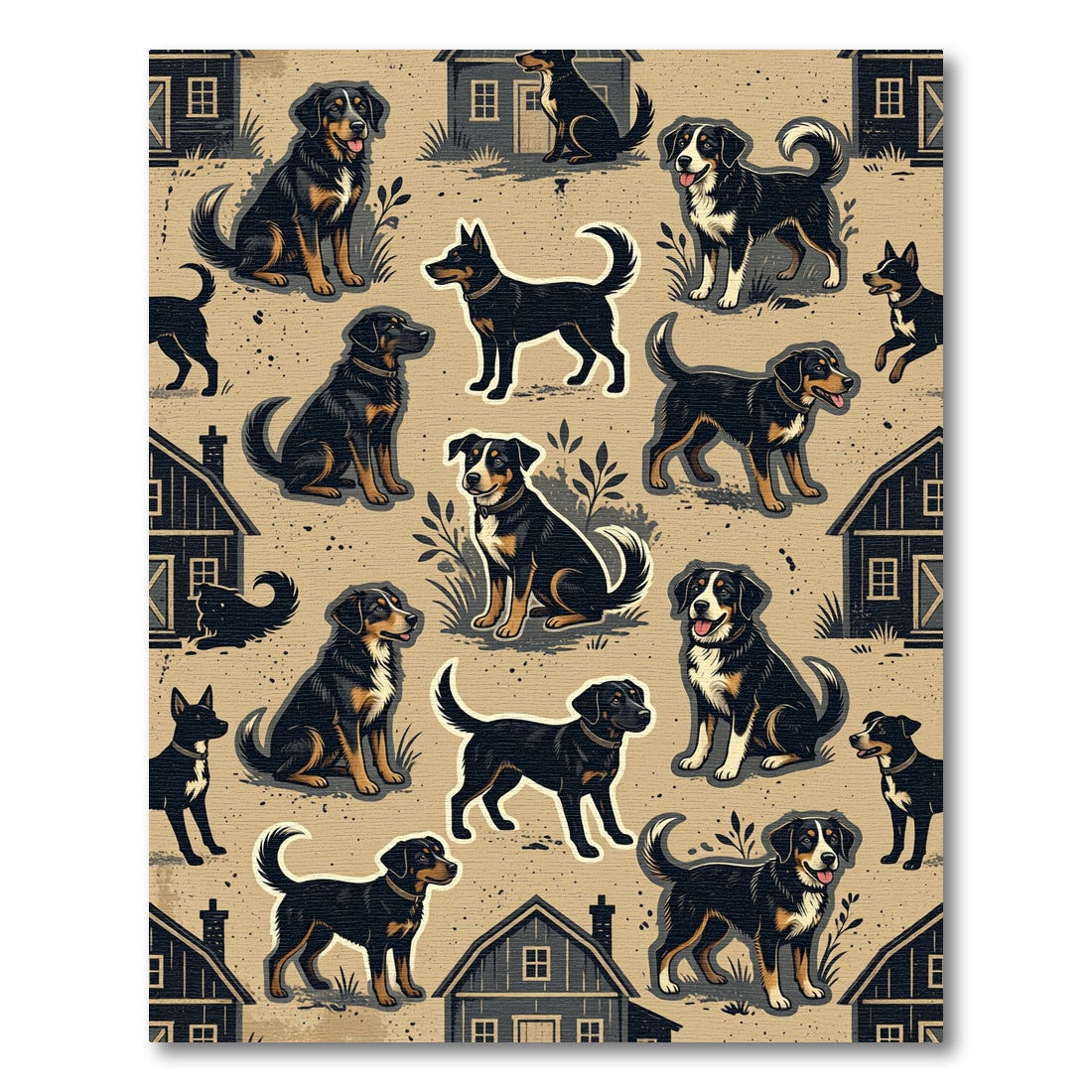 Farmhouse Black Dog Tan Meadow Illustration Rug