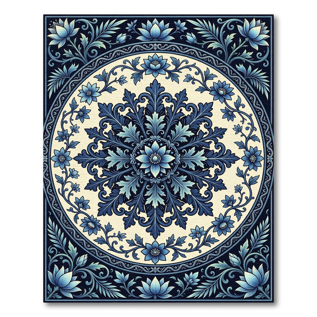 Navy Blue Floral Medallion Sunburst Rug