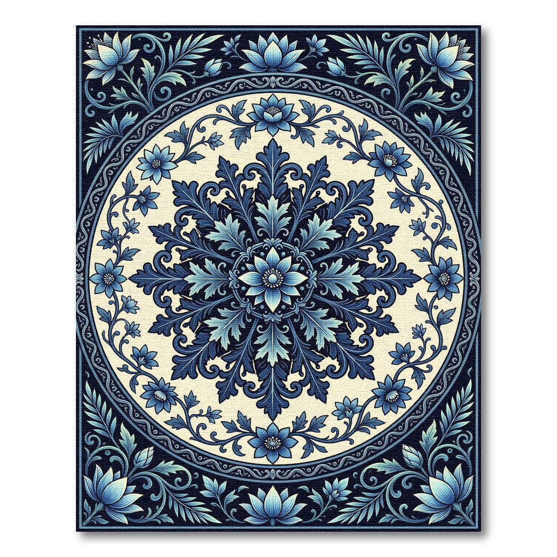 Navy Blue Floral Medallion Sunburst Rug