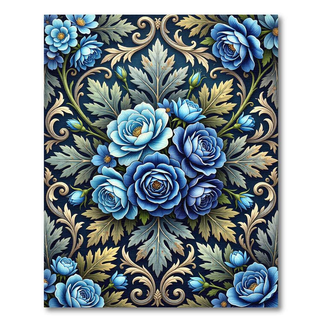 Dark Blue Floral Scrollwork Arrangement Rug
