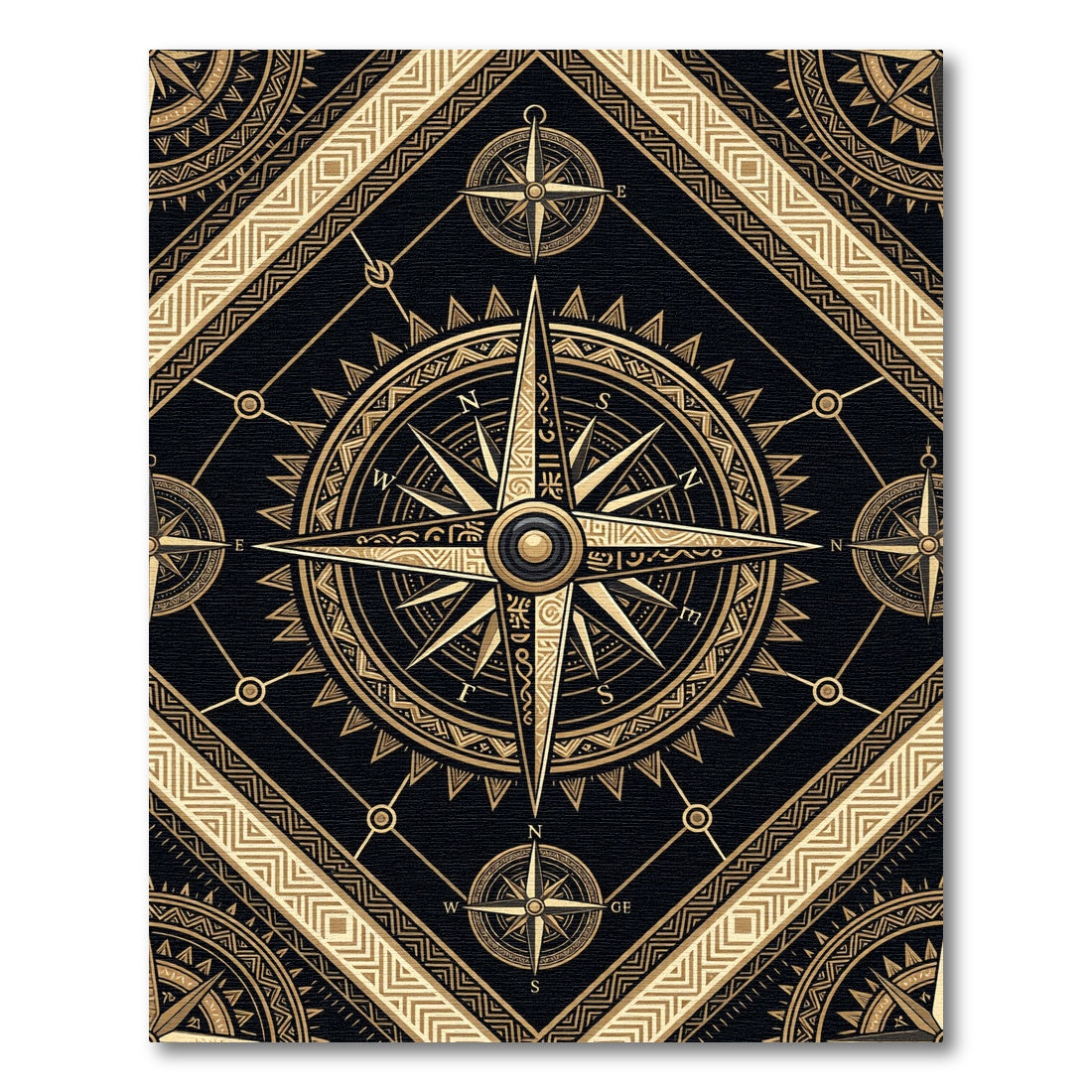 Golden Compass Celestial Black Navigational Art Rug