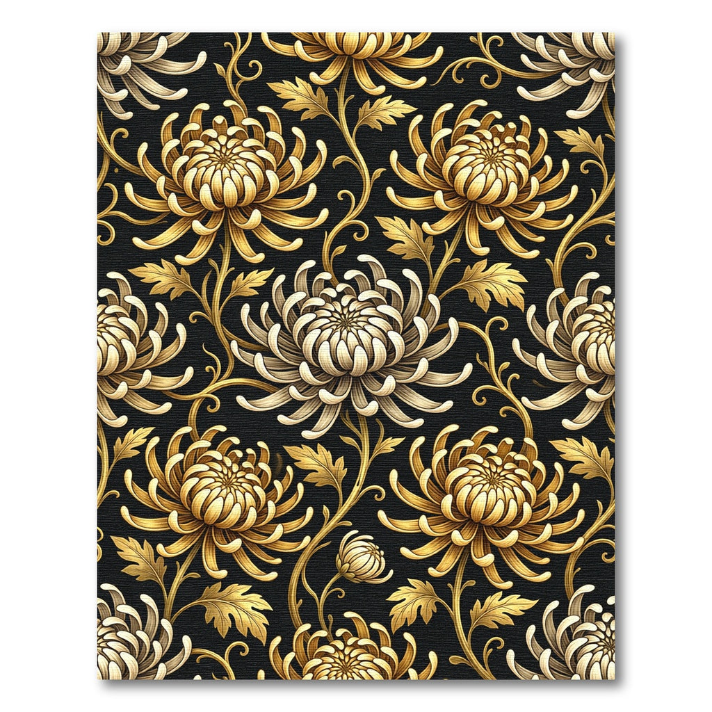 Elegant Gold Chrysanthemum Floral Black Rug