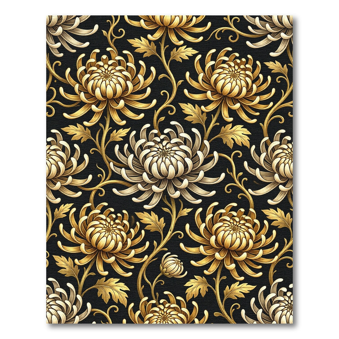 Elegant Gold Chrysanthemum Floral Black Rug