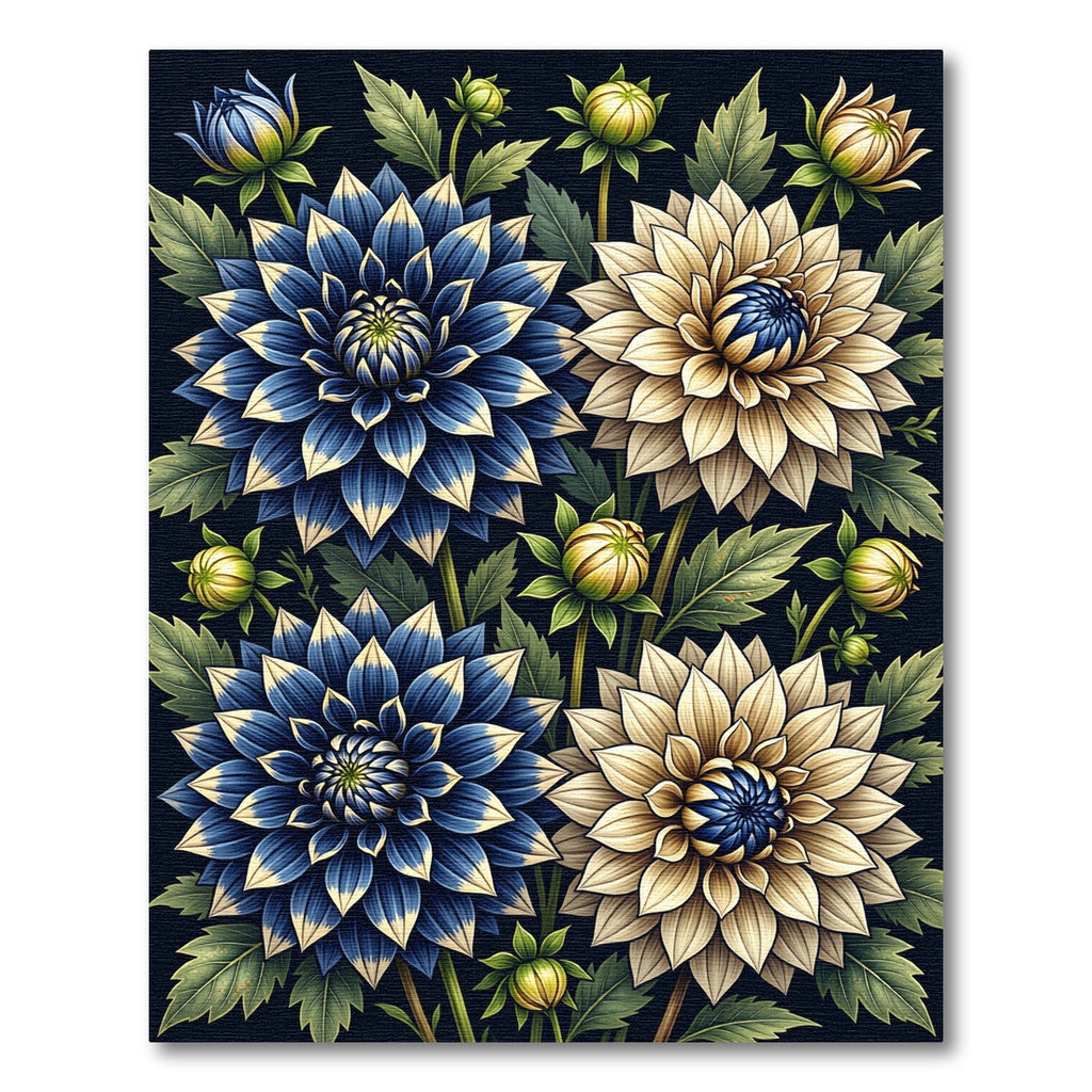 Blue and Cream Botanical Dahlia Garden Rug