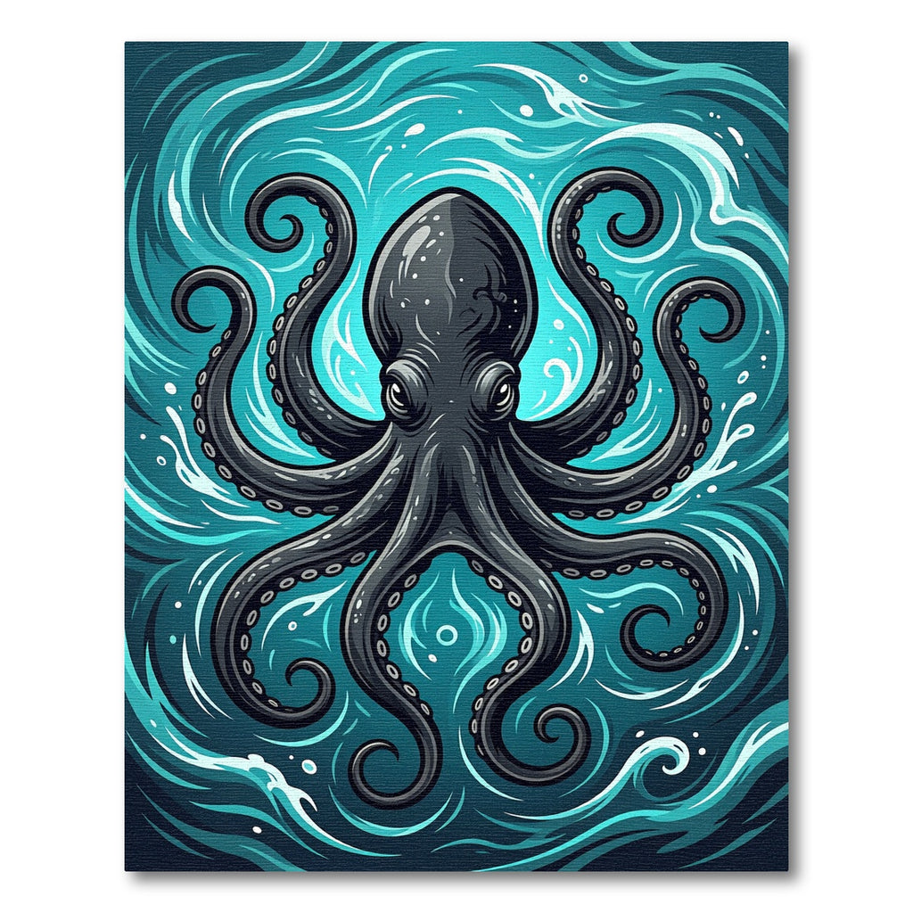 Dark Octopus Swirling Teal Ocean Waves Rug