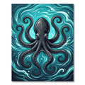 Dark Octopus Swirling Teal Ocean Waves Rug
