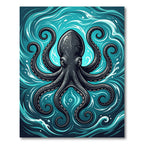 Dark Octopus Swirling Teal Ocean Waves Rug