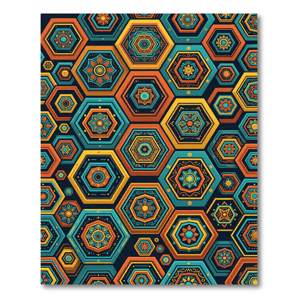Vibrant Hexagonal Floral Mosaic Art Rug