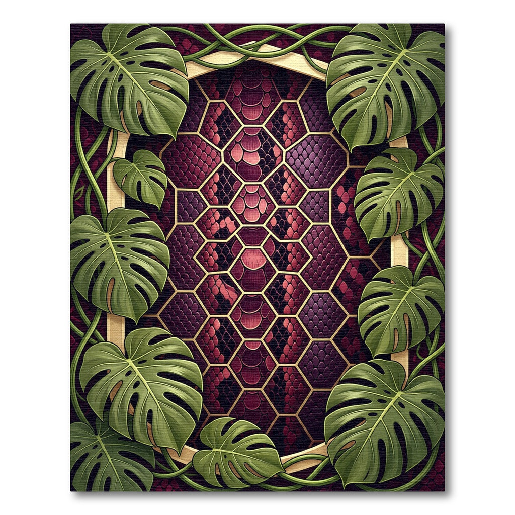 Lush Tropical Monstera Burgundy Snake Hexagon Rug