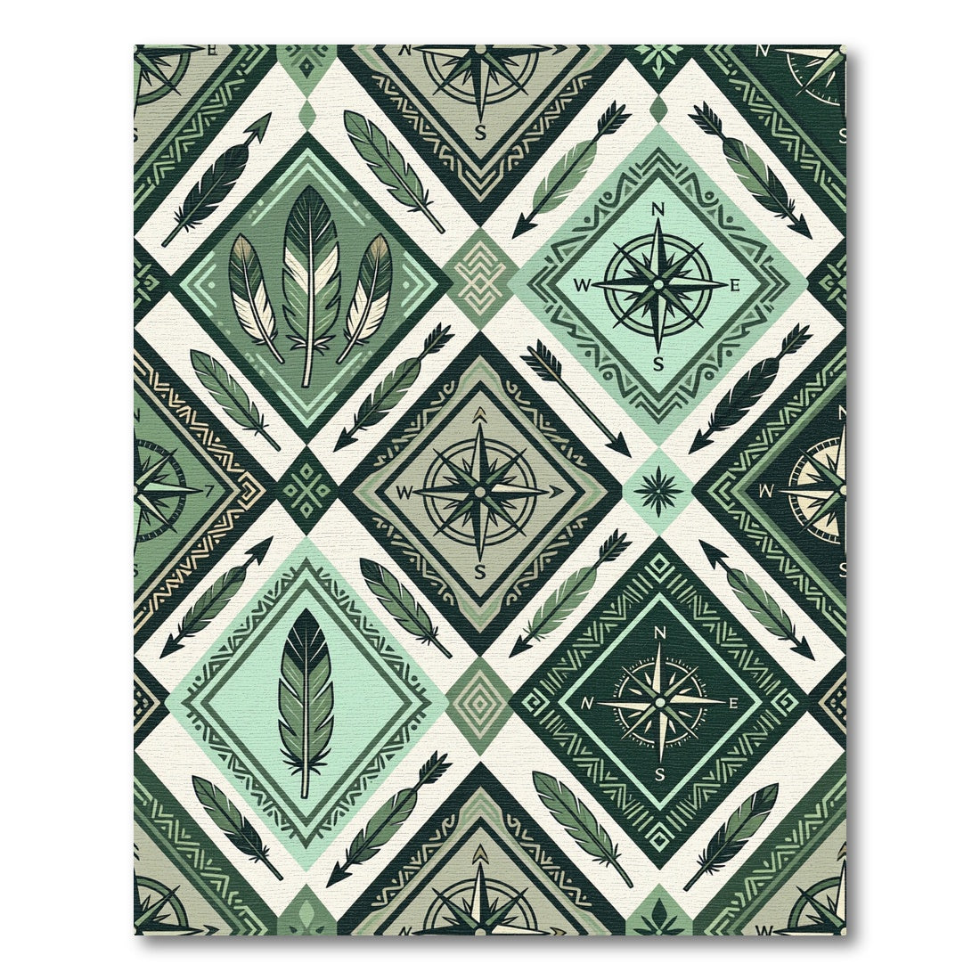 Green Feather Compass Geometric Diamond Rug