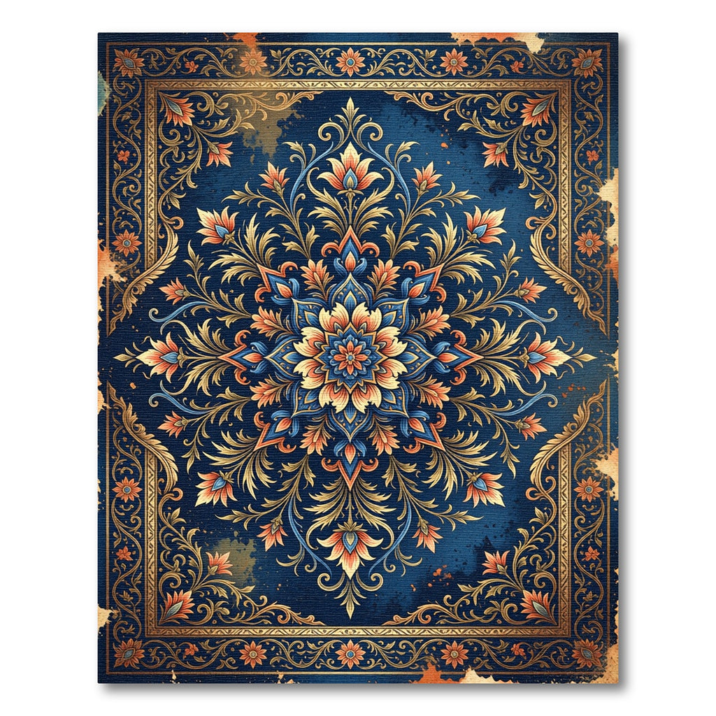Navy Blue Floral Ornate Medallion Rug