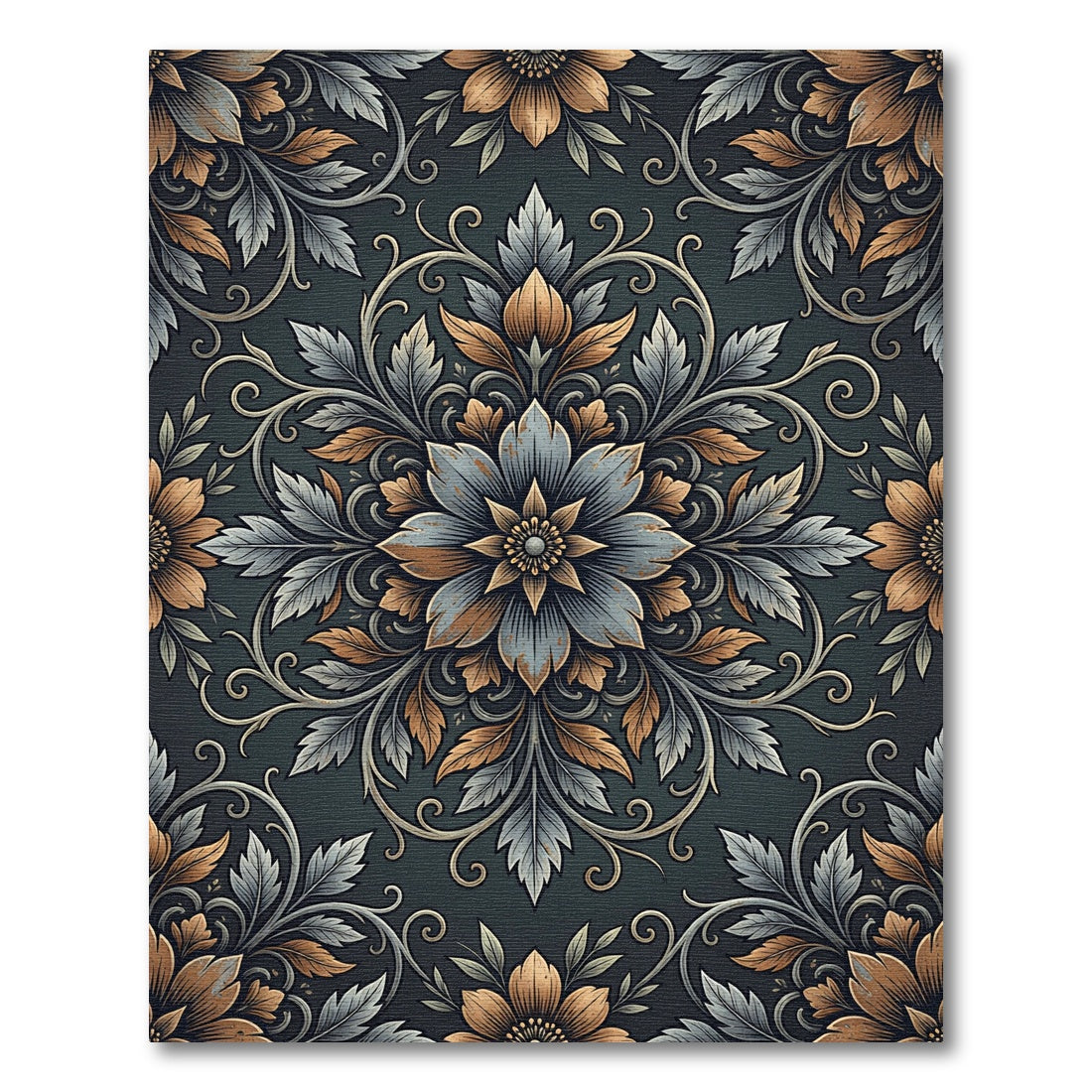 Vintage Slate Gold Floral Medallion Rug