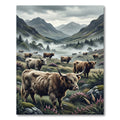 Highland Cattle Misty Mountain Landscape Rug