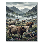 Highland Cattle Misty Mountain Landscape Rug