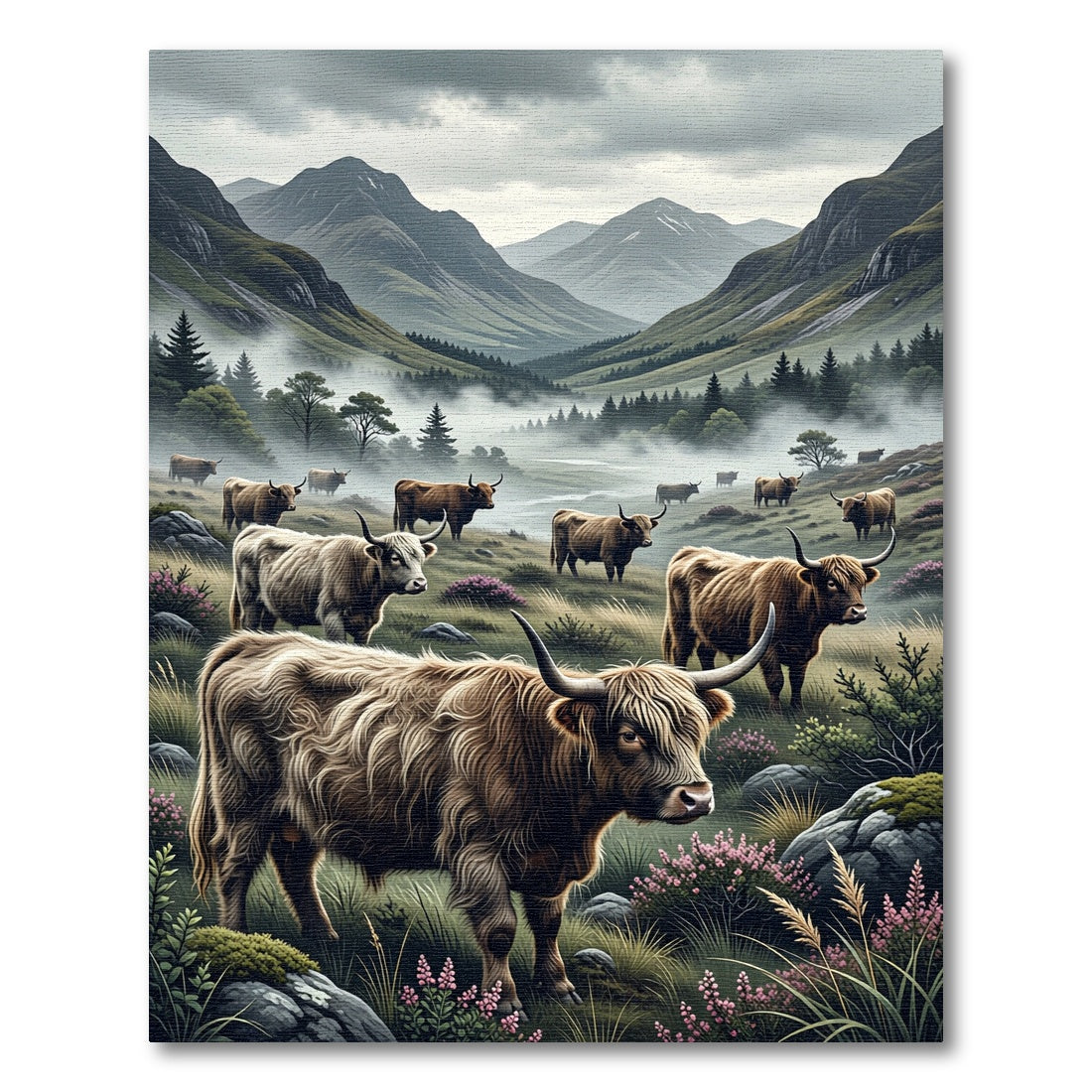 Highland Cattle Misty Mountain Landscape Rug