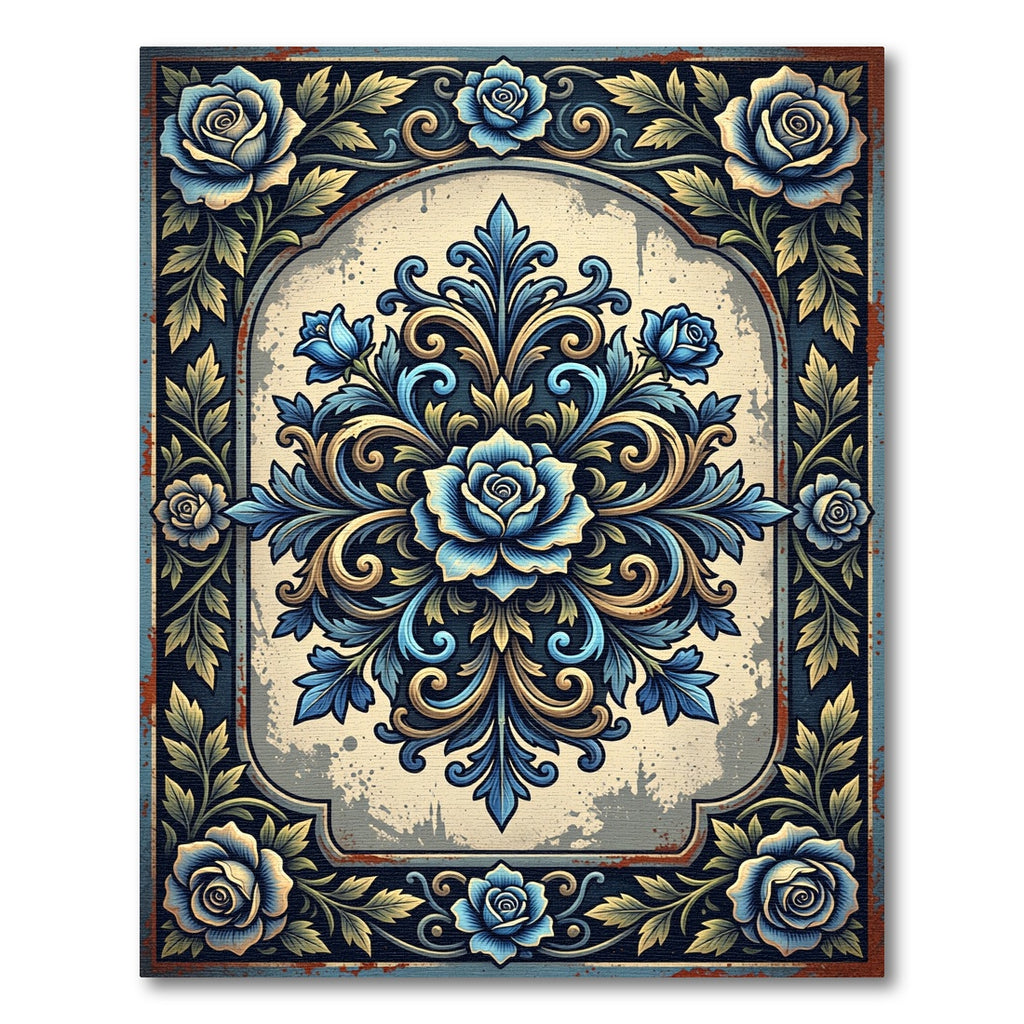 Ornate Blue Rose Medallion Filigree Rug
