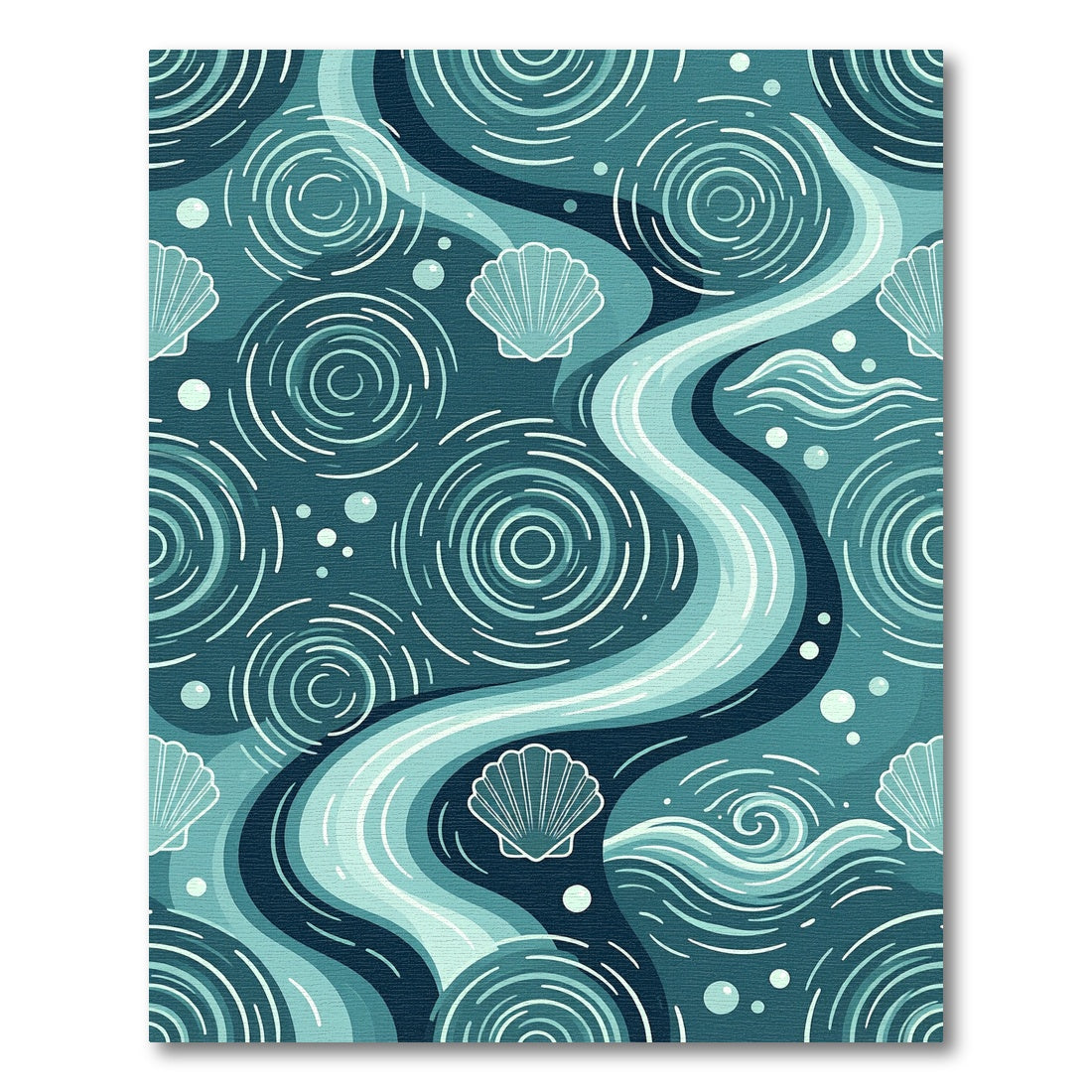 Serene Teal Ocean Shell Wave Art Rug