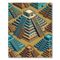 Aztec Geometric Pyramid Teal Ochre Tile Rug