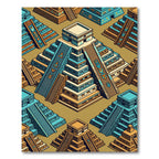 Aztec Geometric Pyramid Teal Ochre Tile Rug