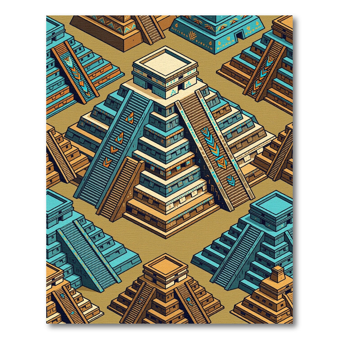 Aztec Geometric Pyramid Teal Ochre Tile Rug